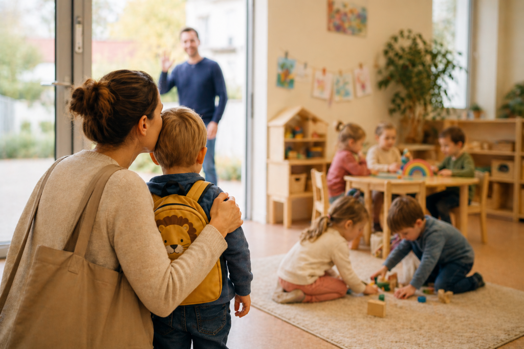 Titel Bild Wenn der Abschied schwer fällt. Eine Mutter mit ihr Kind im Arm, im Hintergrund wird gepsiel